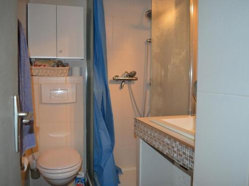 une salle de bain avec toilettes, lavabo et douche dans l'établissement Maison climatisée 2 pièces/mez, 5 couchages, proche port et plage, parking, véranda, terrasse, animaux OK - FR-1-225D-110, à Saint-Cyprien