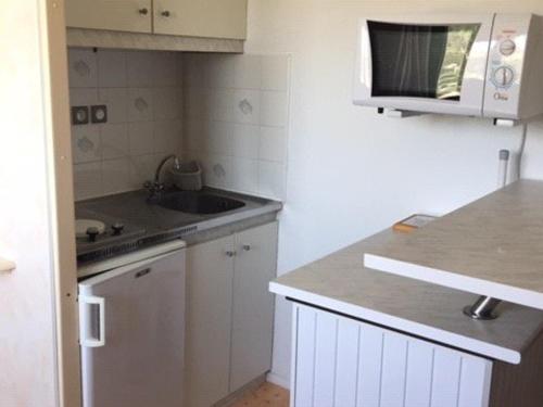 une petite cuisine avec un évier et un micro-ondes dans l'établissement Studio cosy, au pied des pistes à La Pierre St Martin, parking gratuit, ascenseur, casier à skis - FR-1-602-86, à Arette