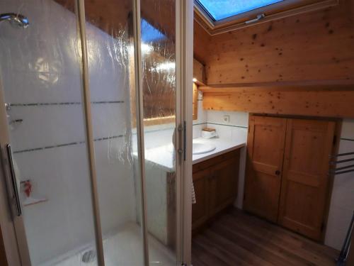 une salle de bain avec douche et lavabo dans l'établissement Superbe duplex au pied des pistes avec garage et terrasse - FR-1-342-231, à Beaufort