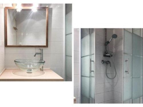 - deux photos d'une salle de bains avec un lavabo et une douche dans l'établissement Charmant T2 à Montgenèvre: Parking, 4 pers., Proche Pistes - FR-1-266-174, à Montgenèvre