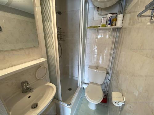 a bathroom with a shower and a toilet and a sink at Studio Les Angles, 1 pièce, 4 personnes - FR-1-295-181 in Les Angles