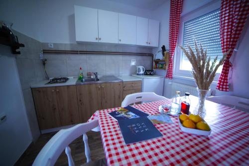 uma cozinha com uma mesa com uma toalha de mesa xadrez vermelha e branca em Kuća za odmor Fjaka em Sotin