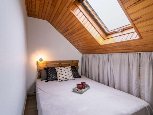 - une chambre avec un lit et une lucarne dans l'établissement Duplex charmant proche centre et téléphérique avec parking et casier à skis - FR-1-296-359, à Saint-Lary-Soulan