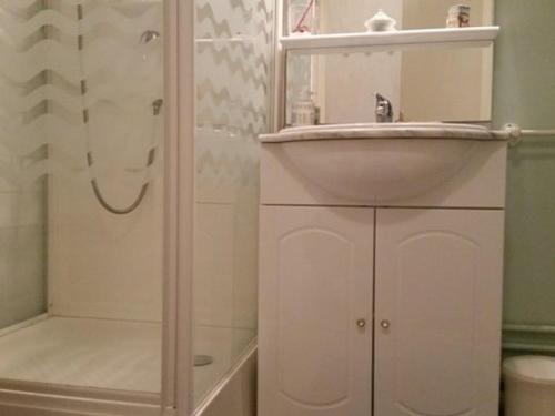 a white bathroom with a sink and a shower at Studio ski, 4 pers, parking gratuit, proche pistes - FR-1-602-97 in Arette