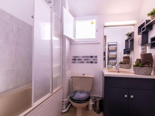 une salle de bain avec toilettes, lavabo et miroir dans l'établissement Appartement cosy, 4 pers., proche pistes, Pla d’Adet – Saint Lary 1700 - FR-1-296-362, à Saint-Lary-Soulan
