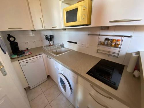 une cuisine avec un évier et une machine à laver dans l'établissement Villa T2 en Front de Mer avec Parking Privé - FR-1-81-548, à Port-Leucate