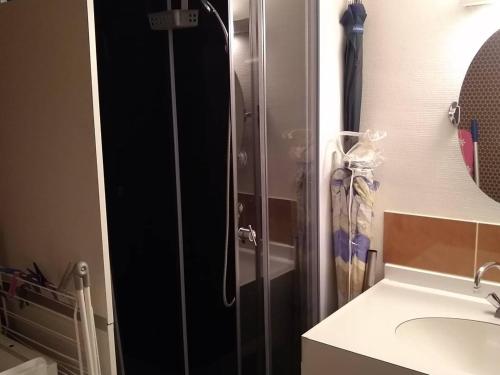 a shower with a glass door next to a sink at Studio Cauterets, 1 pièce, 4 personnes - FR-1-234-272 in Cauterets