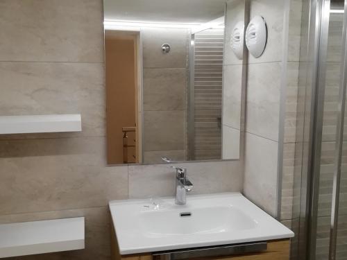une salle de bain avec un lavabo et un miroir dans l'établissement Duplex 2 pièces - 5 pers, balcon au sud, skis aux pieds, à 3 min du Transarc, village Charmettoger - FR-1-411-831, à Bourg-Saint-Maurice