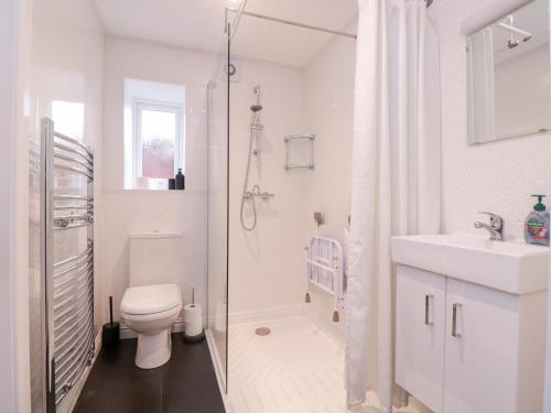 een badkamer met een douche, een toilet en een wastafel bij 1 Springfield Road in Margate
