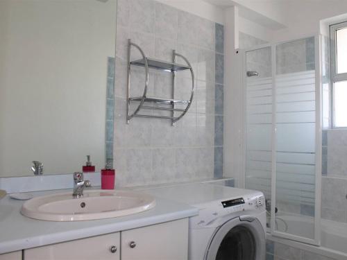 une salle de bain avec un lavabo et une machine à laver dans l'établissement Studio calme, climatisé et équipé avec terrasse vue mer - 2 couchages - FR-1-252A-67, à Villeneuve-Loubet