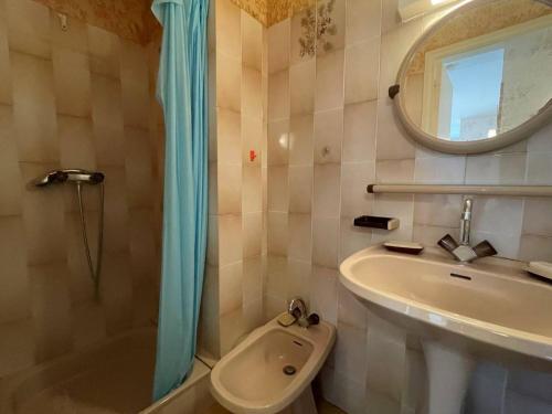une salle de bain avec un lavabo, une douche et un miroir dans l'établissement Studio cabine à 2 pas de la plage, parking et animaux admis - FR-1-225D-142, à Saint-Cyprien