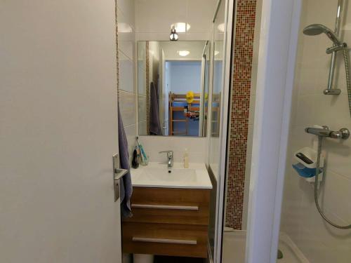 une salle de bain avec un lavabo, une douche et un miroir dans l'établissement Studio alcôve avec piscine et parking, à 300m de la plage, pour 4 personnes - FR-1-607-139, au Cap d'Agde
