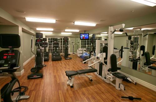 a gym with several tread machines and a television at Watkins Glen Harbor Hotel in Watkins Glen