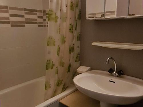 a bathroom with a sink and a shower curtain at Appartement Saint-Lary-Soulan, 2 pièces, 6 personnes - FR-1-457-253 in Saint-Lary-Soulan