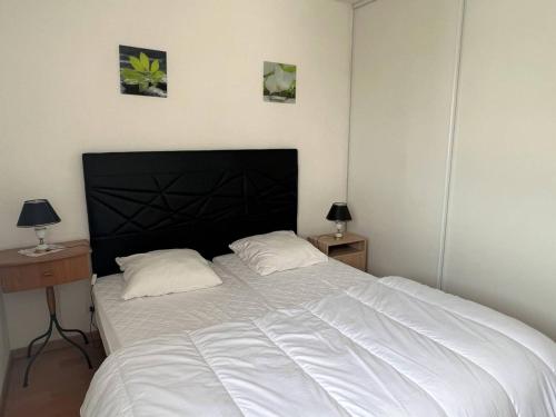 une chambre avec un grand lit blanc avec deux oreillers dans l'établissement Confortable T2 avec terrasse, parking, et internet à Cambo-les-Bains, proche thermes et centre - FR-1-495-95, à Cambo-les-Bains