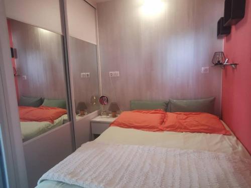 une chambre avec un lit et un miroir dans l'établissement Charmant T2 climatisé, proche mer, parking, terrasse, pour 2 personnes à Agde - FR-1-607-109, au Cap d'Agde