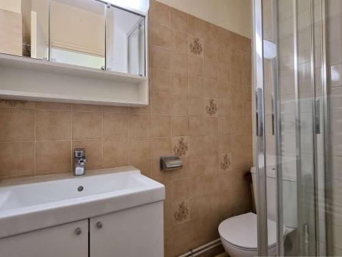 une salle de bain avec toilettes, lavabo et douche dans l'établissement Studio cosy avec WIFI à 50m des pistes - 4 pers - FR-1-525-237, à Saint-Étienne-en-Dévoluy