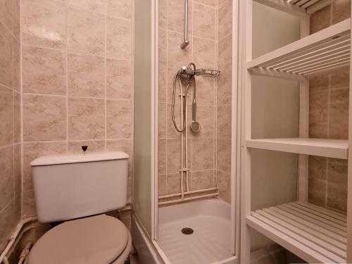 une petite salle de bain avec toilettes et douche dans l'établissement Studio confortable proche pistes, 4 personnes, Wifi, parking - FR-1-525-202, à Saint-Étienne-en-Dévoluy