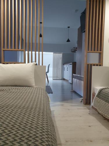 a bedroom with a bed and a kitchen in a room at Vila Vrh in Crni Vrh