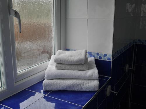 a pile of towels sitting on a blue floor in a bathroom at Fisherman's Cottage in Portland