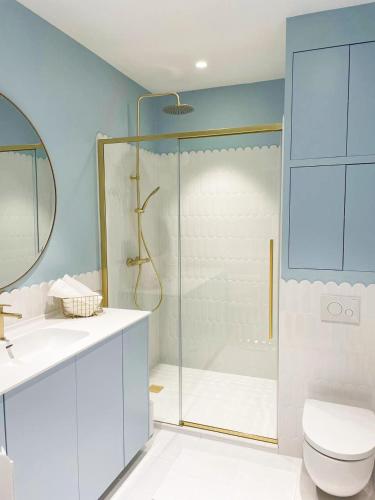 une salle de bain avec une douche, des toilettes et un lavabo dans l'établissement Appartement luxueux hyper centre de Strasbourg, à Strasbourg