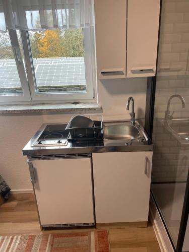 uma pequena cozinha com um lavatório e uma bancada em Euro S Markt em Biberach an der Riss