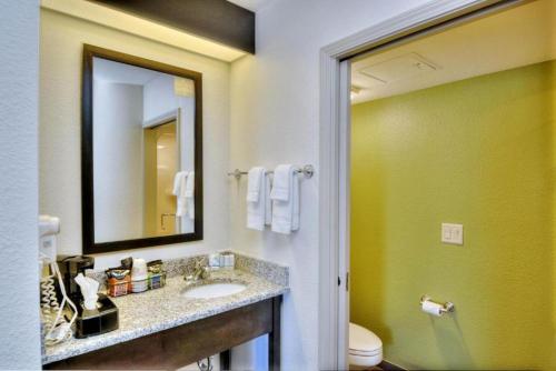 a bathroom with a sink and a mirror and a toilet at Sleep Inn & Suites Princeton I-77 in Princeton