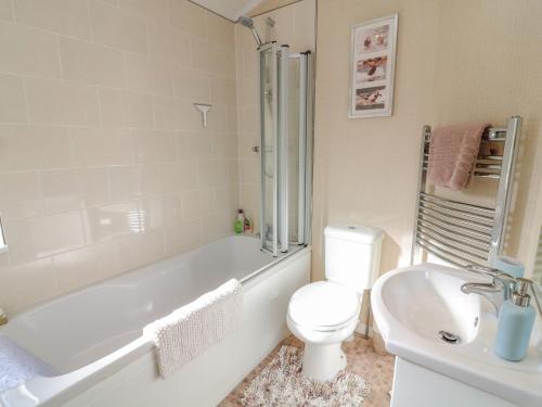 Un baño con inodoro, bañera y lavabo. en Mallard Lodge, en Carnforth