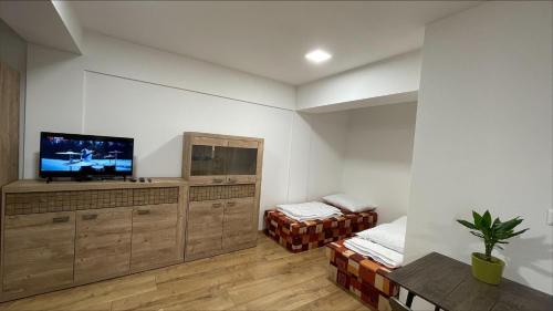 Televízia a/alebo spoločenská miestnosť v ubytovaní Príjemný 1-izbový byt v novostavbe s parkovaním