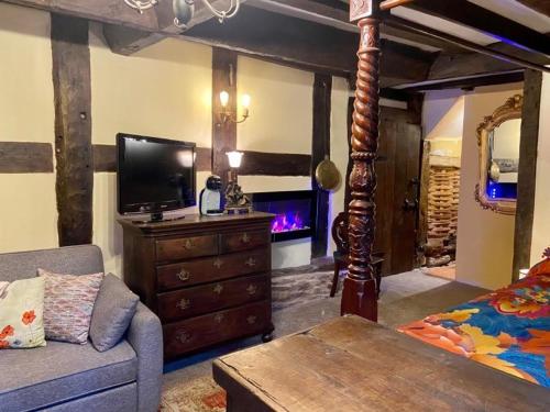 sala de estar con sofá, TV y chimenea en The Vauld, 2 bedroom suite with Bed and Breakfast, en Bodenham