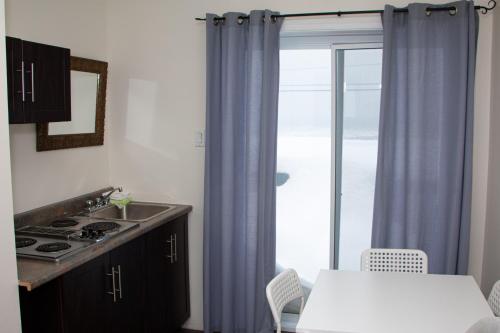 eine Küche mit einer Spüle, einem Herd und einem Fenster in der Unterkunft Motel de la mer in Rimouski