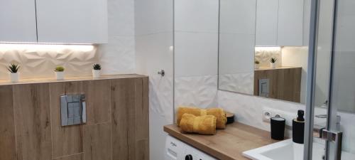 a bathroom with a sink and a mirror at Apartament przy Fabrycznym in Łódź