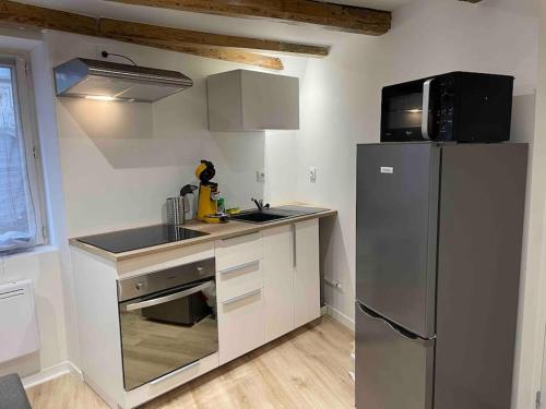 une petite cuisine avec un réfrigérateur et un évier dans l'établissement Le Puy en Velay: Charme et confort centre ville, au Puy-en-Velay