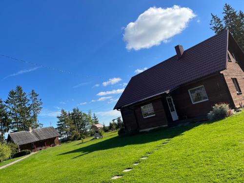 a house on a hill with a green lawn at Rojaus kampelis. Kaimo turizmas in Gudžiūnai