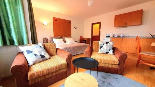 a hotel room with a bed and two couches at Kokiche Private Apartments in Borovets