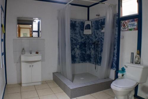 y baño con ducha, aseo y lavamanos. en Cabañas Ecologicas Alto Cañizares, en Bahía Inglesa