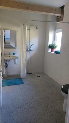 une salle de bain avec une douche, un lavabo et des toilettes dans l'établissement La Bergerie de Bénéauville 7 personnes, à Bavent