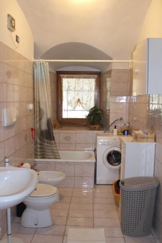 a bathroom with a toilet sink and a washing machine at Apartments Carisolo - Val Rendena in Carisolo