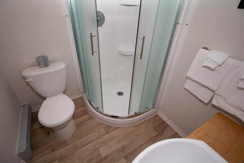 a bathroom with a toilet and a shower and towels at Les Cabines du Phare in Rimouski