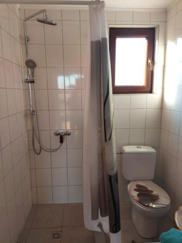ein Bad mit Dusche, WC und Fenster in der Unterkunft Drvena kuca za odmor Cvetkovic brdo 
