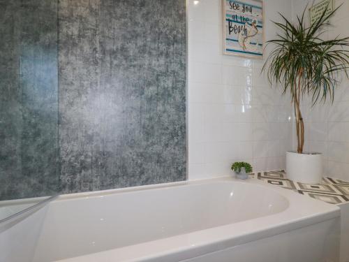 uma banheira branca na casa de banho com um vaso de plantas em Palm View em Newquay