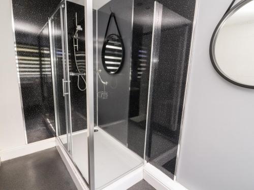 ウィンダミアにあるMylnebeck Lodgeのバスルーム(ガラスドア付きのシャワー、鏡付)が備わります。