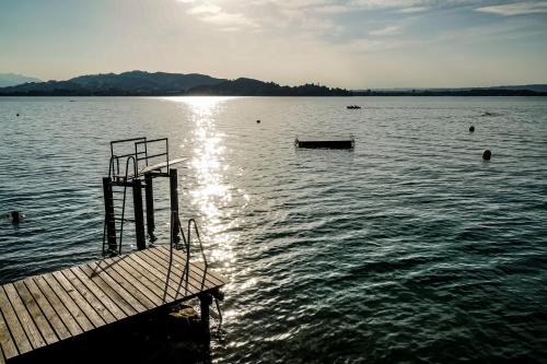 a dock in the middle of a large body of water at Zug Business Room Breathtaking View in Zug