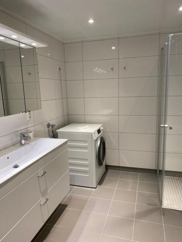 a bathroom with a washing machine and a washer at Royal Skir apartment sea view in Tromsø