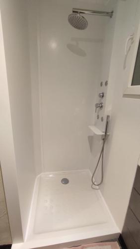 une salle de bain avec une douche avec un lavabo et une douche dans l'établissement Le Chellois appartement La Bresse, à La Bresse