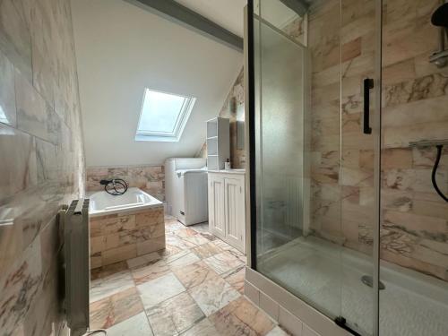 een badkamer met een douche en een wastafel bij Centre-ville f3 tout confort in Beaumont-sur-Oise