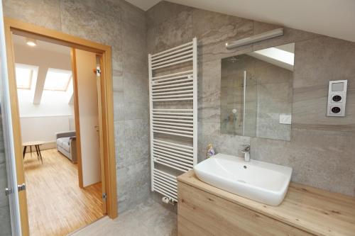 a bathroom with a sink and a mirror at Apartmány U Květné zahrady in Kroměříž
