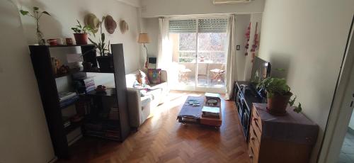 布宜諾斯艾利斯的住宿－Hermoso apartamento en Cdad de Bs As，客厅铺有木地板,设有窗户。