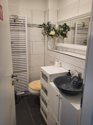 a bathroom with a sink and a toilet at Ferienwohnung Markranstädt in Markranstädt