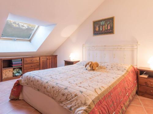 un chien allongé sur un lit dans une chambre dans l'établissement Appartement spacieux 6 pers, 2 chambres, animaux admis - Montgenèvre - FR-1-330D-62, à Montgenèvre